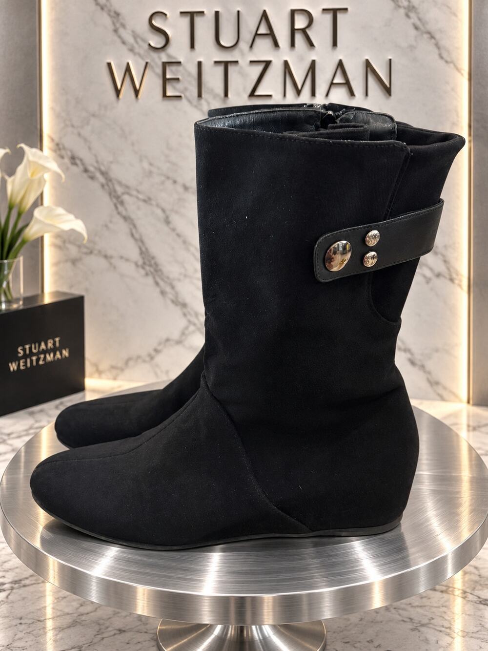 Stuart Weitzman Black Mid Calf Flat Boots Silver Hardware Size 6M